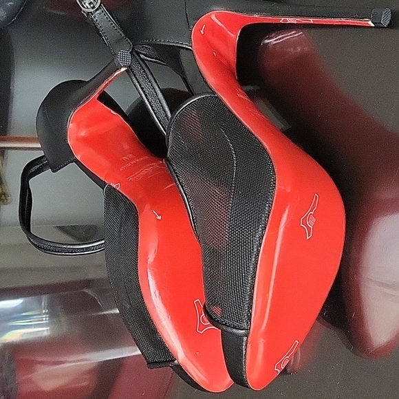 New Christian L black leather fishnet open toe platform high heels sandals - Picture 8 of 8